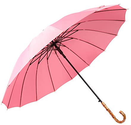 ThreeH Bamboo Stick Umbrella Auto Open Solid Color Fashionable and Simple 190T 16 Ribs,KS08 Pink