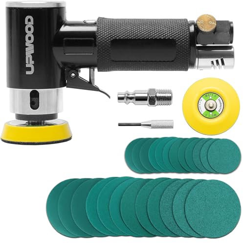 UPWOOD 2 '' 3 '' Mini-Exzenter-Luftschleifer, kleines pneumatisches Exzenterschleifer-Kit 50mm 75mm mit Klett-Schleifpads 30 Stück Schleifpapiere und 21 Stück Schleifscheiben