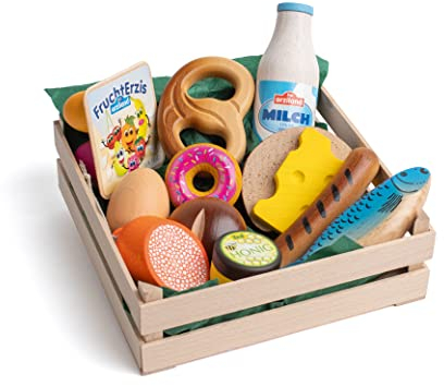 Erzi 28220 Sortiment Snacks XL aus Holz, Kaufladenartikel für Kinder, Rollenspiele