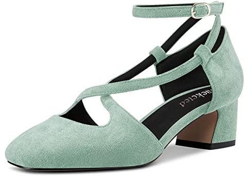 Saekcted Mujer Medio Chunky Ancho Heel Cuadrada Punta Pumps Correa Cruzada Correa Tobillo Cierre con Hebilla Fiesta Cute Zapatos Verde Claro Ante 39 EU