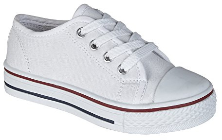 Style Spot Girls Boys Kids Low Top Iconic Classics Canvas Sneakers White Toe Cap Lace Up Slip on Fashion Trainers Go Shoes Casual Pumps (White, UK 2)
