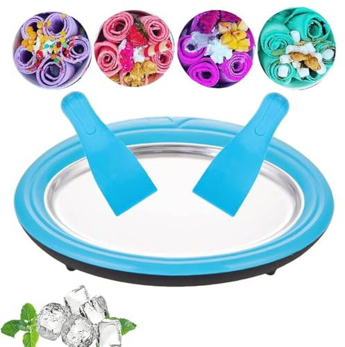 Fozuanei Eiscreme Maker, DIY Handcraft, Edelstahl, Lebensmittelqualität, Roll Eismaschine, Eisplatte mit 2 Spateln, Frozen Yoghurt, Sorbet, Eiscreme, Blau, Manuell, Wasserpflege
