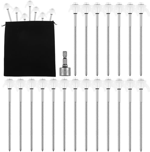 Yaocom 20 Pcs 8 Screw in Tent Stakes Heavy Duty Tent Stakes Drillable Ground Anchors Screw Metal Tent Pegs Threaded Tent Spikes with Head Driver for Swing Inflatable Decor (Illuminant White)