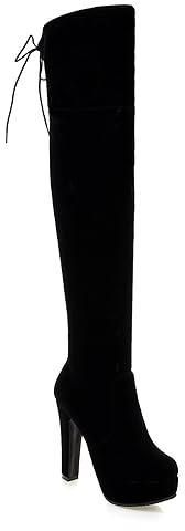 WOkismD Bottes au-dessus du genou pour femmes, cuissardes d'hiver, plateforme en daim, talon épais, bottes longues à lacets, fermeture éclair, bout rond confortable, chaussures d'automne,Noir,43