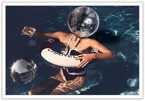 Dcvjiy Trendy Disco Ball Wall Art Posters Retro Preppy Room Aesthetic Canvas Wall Art Funny Cool Summer Pool Party Prints Painting Funky Girly Cocktail Blue Wall Decor 16x24in Unframed