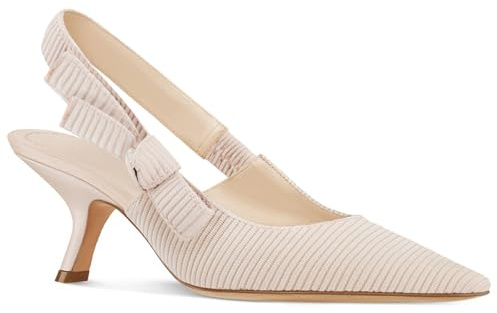 Coutgo Womens Slingback Kitten Heels Closed Pointed Toe Bowknot Knitted Slip On Work Pumps Dress Shoes, Beige, 8 UK
