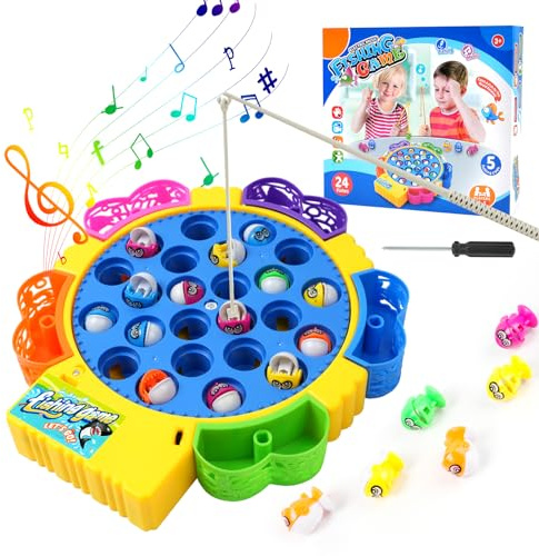 Vicloon Fiskespel för barn, med musik, pedagogiskt spel för barn, med 24 fiskar, 5 små fiskespön och 1 klistermärke, present för 3–5 år