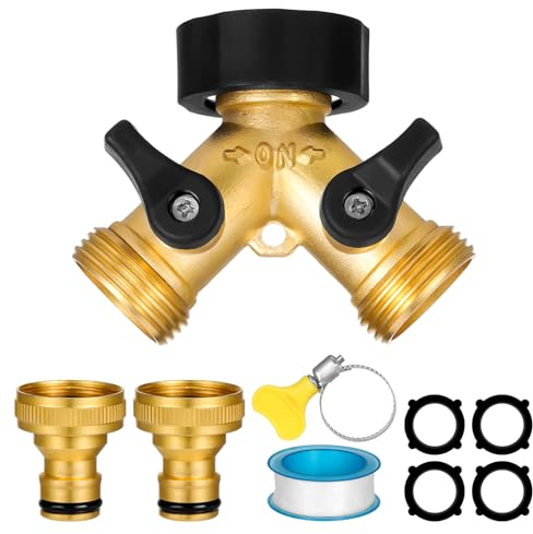 Partideal 2 Way Garden Hose Splitter,Garden Hose Splitter,Y Valve,2-Way Tap Connector with Individual On/Off and Two Quick Connector, 3/4 Tap Y Splitter Brass Hose Connector,2 Way Splitter