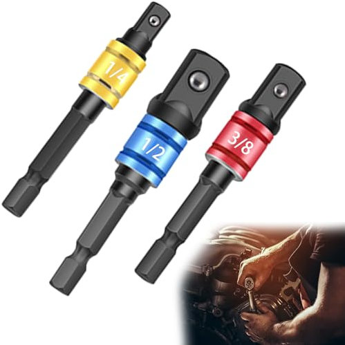 3Pcs Impact Grade Socket Adapter, Impact Socket Adapter Drill Extension Colorful Set Hex Shank Power Drilling High Speed Nut 1/4 3/8 and 1/2 Drive Power Drill Into Nut Driver Torque Impact Wrench