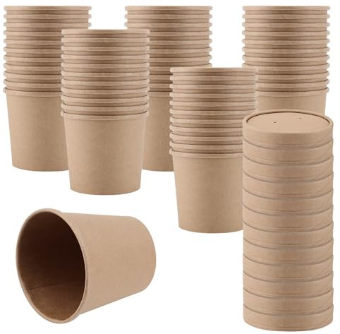 CHUIFAI 100 vasos desechables de 350 ml con tapa, vasos de papel para sopa, café, vasos de cartón, vasos de sopa, vasos para helados, ensaladas, postres, aperitivos
