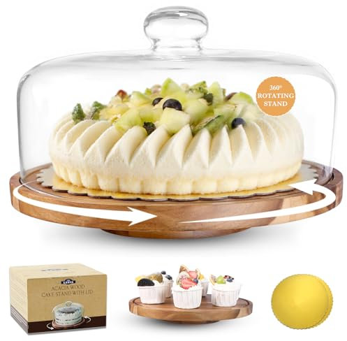 Alzata per torte in legno con coperchio a cupola in vetro, piatto girevole per decorare dessert per matrimoni, feste, regali da forno, salumi, piatti di frutta