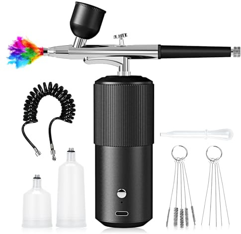 Airbrush Set Mit Kompressor, Airbrush Kit Mit Kompressor, Tragbare Usb Aufladbare Doppelaktion Für Nägel Farbset Modellfärbung, Nagelkunst, Tattoos (Schwarz)