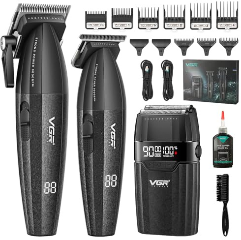 VGR 640 S3 Tondeuse Cheveux Pour Hommes Professionnel, Sans Fil Tondeuse Finition et Rasoir À Grille Kit de Coupe de Cheveux, Set de Barbier Rechargeable avec Écran LED, MAX 9000 RPM, Noir