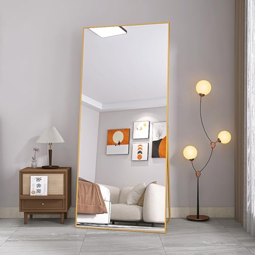 CXHLXYR Rektangulär golvspegel 180 x 80 cm, stående spegel i aluminiumlegering hel längd, stor väggspegel i sovrum och omklädningsrum (guld, 180 x 80 cm)
