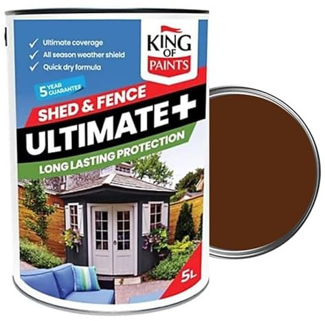 Dark Oak Fence and Shed paint King of Paints One Coat saving you Time & Energy 5Litres