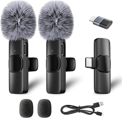 Mini Micrófono Lavalier Inalámbrico para iPhone/iPad/PC/Android con Cancelación de Ruido, Conectores USB-C/Lightning, Alcance Efectivo de 20m, para Grabación de Vídeo, Podcast, TikTok, YouTube y Vlog