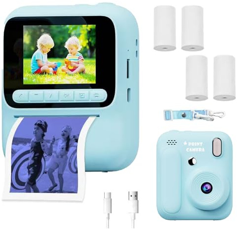 Barnkamera Med Direktutskrift, 2,4 HD Mini-skärm Direktkameran För Barn, 1080 P Barnselfiekamera Med 4 Rullar Fotopapper Och Halsrem blue