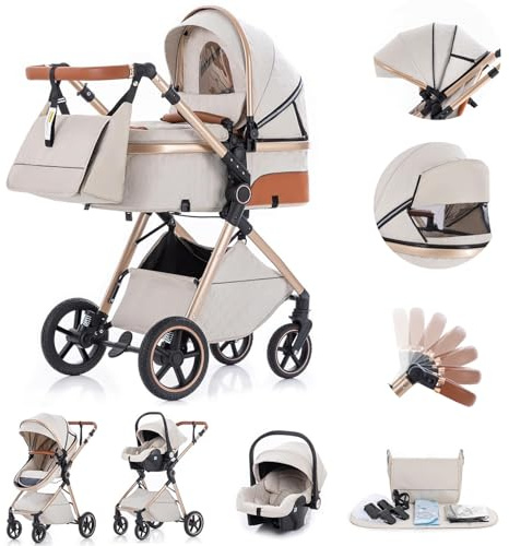 Gcarebb Passeggino 3 in 1, Passeggini Combinati Con Seggiolino Auto, Passeggino Con Maniglia Regolabile in Altezza, Design Panoramico, Telaio in Alluminio, Adatto Per Neonati