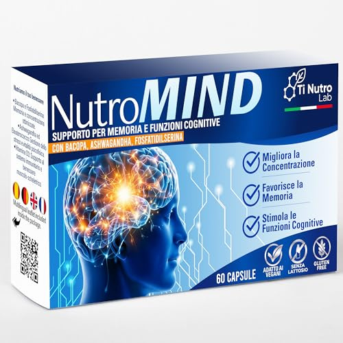Ti Nutro Lab Integratore per Memoria, Attenzione e Supporto Cognitivo con Bacopa, Ashwagandha, Fosfatidilserina, Eleuterococco, Vitamina D3 - Controllo del Cortisolo - 60 Cps Made in Italy