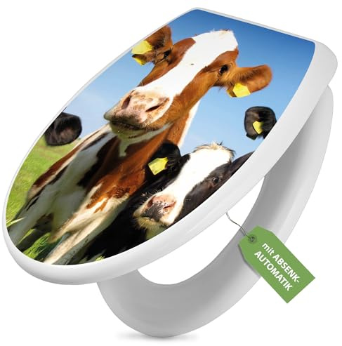 banjado Toilettendeckel mit Absenkautomatik 44,5x37cm - Soft Close Toilettensitz - WC Sitz mit Absenkautomatik - Klodeckel aus Duroplast mit Edelstahl Scharnieren, einfache Montage - Motiv Kühe