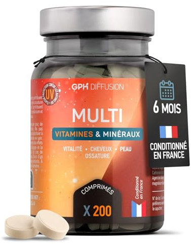 MultiVitamines et Minéraux - Vitamines du groupe B, A, D, E, C et minéraux - 200 comprimés - Vitalité, Ossature, Peau, Cheveux* - GPH DIFFUSION