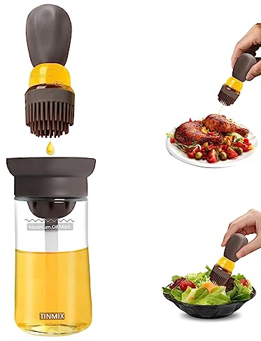 TINMIX Oil Dispenser with Brush - 2 IN 1 Glass Olive Oil Dispenser for Cooking, Upgrade T-OB21S Oil Dispensing Bottle with Silicone Basting Brush for Vinegar Sauce BBQ Grill Frying Kitchen, Brown