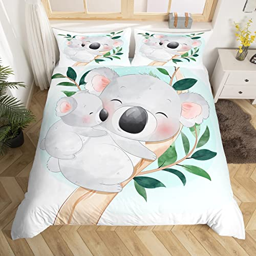 Loussiesd Kinder Koala Bettwäsche Mädchen Karikatur Koala Bettbezug Set Jungen Süße Tier Bettwäsche Set 135x200cm Familie Botanical Dekor Betten Set Mikrofaser Natur Thema Schlafzimmer Dekor