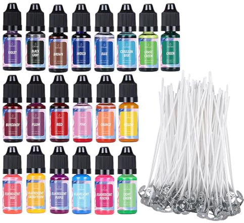 ALLAVA 20 Kerzenwachs Farbe mit 100 Stück Kerzendochte 10cm, Farben Kerzenfarbe, Kerzenwachs zum Gießen,Kerzen Farbe für Sojawachs, Bienenwachs, Paraffinwachs, Gelwachs - je 10 ml