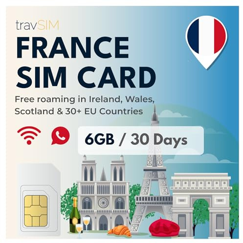 travSIM Scheda SIM Francia |6GB di dati/velocità 4G/5G |Chiamate illimitate| Utilizzare la carta SIM per la Francia nel UK 30+ paesi dell'UE |Il piano sulla carta SIM per la Francia valido 30 giorni