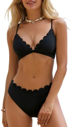 CUPSHE Damen Bikini Set V Ausschnitt Wellenkante Triangel Bikini Lace Up Mid Waist Bademode Zweiteiliger Badeanzug Swimsuit Schwarz XL