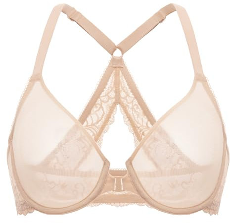 Delimira Women's Front Fastening Bras Sheer Mesh Racerback Plus Size Full Coverage Unlined Underwired Bra Beige 38C