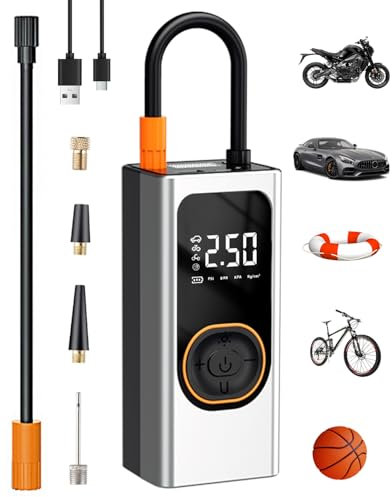 Tragbarer Elektrische Luftpumpe 6000mAh, 150PSI Akku Kompressor, Mini Reifenpumpe mit Digital Manometer, LED Licht, USB Powerbank für Auto, Motorrad, Fahrrad, Ball