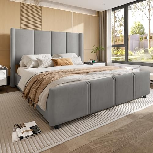 Zepneiy Lit 140x200 Sommier Rembourré USB Tête Haute Double Lattes Pieds Cadre Velours Gris Foncé