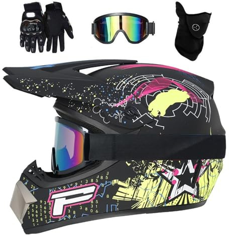 Unisex MTB Casco da Motocross, Gioventù Bambini Integrale Fuoristrada ATV Moto Caschi, Sport All'aperto Discesa Enduro Quad Dirt Bike Incidente Casco, con Occhiali Guanti Maschera(Black,S/52-53CM)