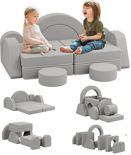 Hironpal 12 PCS Modular Kids Play Block Soft Child Couch Sofa Toddler Building Fortplay Climbing Bedroom Playroom Baby Convertible Floor Foam Cushion for Boys & Girls(Light Gray-Double)