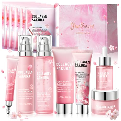 Sakura Skin Care Set, Skincare Kit, Kit Skincare Viso Completo con Crema Mani, Crema Viso, Tonico, Lozione, Detergente, Maschera Viso, Crema Contorno Occhi, Siero, Regalo Donne e Adolescenti, 12PCS
