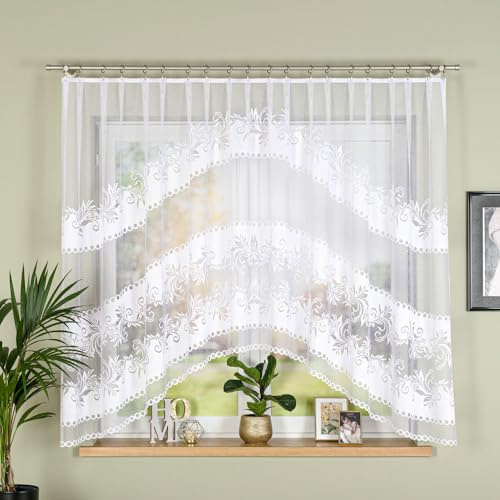 Gardinen Vorhangen Tendina Bianca Jacquard 300x160 cm (LxA) Mirra Tenda Corta Moderna Cucina Soggiorno Elegante Motivo Ornamentale Tenda Pronta