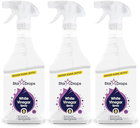 Stardrops White Vinegar Spray Triple Pack - Multi Purpose Cleaner for Glass, Mirrors, Laundry, and Surfaces - Removes Limescale, Stains, and Grease - Streak Free Shine - 3x 850ml Bottles