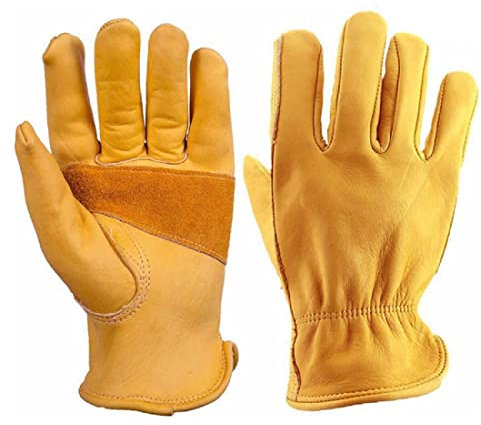 TSQZE Arbeitshandschuhe Winter Wasserdicht Leder Gartenhandschuhe, 1 Paar Herren Schutzhandschuhe Leder Montagehandschuhe Dornensichere Handschuhe Für Garten/Bauernhöfe/Bauen/Motorrad(XL,Gelb)