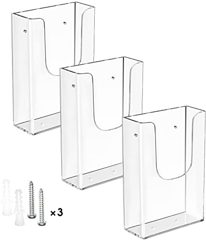 MaxGear Acrylic Brochure Holder Wall Mount, 4 Inch Wide Clear Pamphlet & Flyer Holder for 4x9 or 4x6 Tri-Fold Brochures, Plastic Marketing Literature Display Rack, 3 Pack