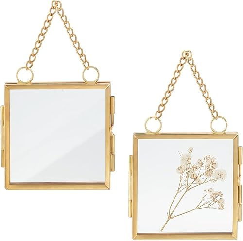 OLYCRAFT 2 mini cornici da appendere alla parete in vetro doppio con catena pieghevole cornice fai da te vintage opere d'arte per foto di fiori pressati decorazione della parete della casa 6 x 6 cm