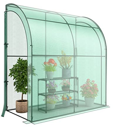COSTWAY Walk in Greenhouse with 3-Tier Plant Stand, 200 x 100 x 215cm Lean-to Green House with PE Grid Cover, 2 Zipper Entry Doors, Steel Frame Garden Yard Growhouse