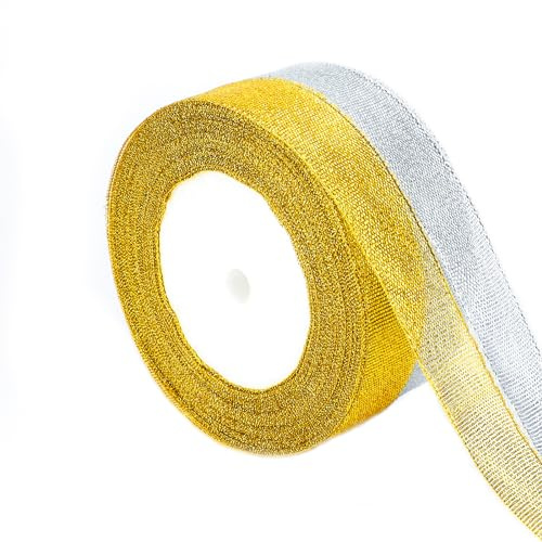 KINGLAKE Gold and Silver Organza Ribbon 20 mm, 44 m Glitter for Gift Wrapping, Decorative for Christmas, Wedding, Birthday, Crafts