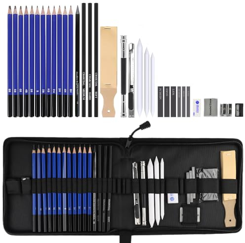 Atliberswo 33 Stück Zeichen und Skizzierkit Set mit Skizzenstiften Graphitstiften Holzkohlestiftenwird praktischer Reißverschlusstasche für Künstler Anfänger Erwachsene und Kinder