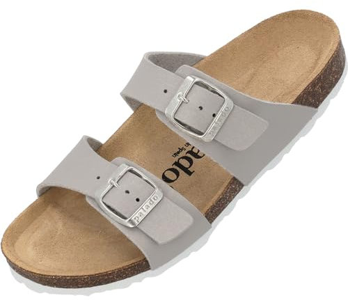 Palado Pantoletten Damen Samos - elegante Sandalen Made in Spain - bequeme Hausschuhe mit dämpfendem Kork-Fußbett - modische Sommerschuhe Matt Grau UK3,5 - EU36