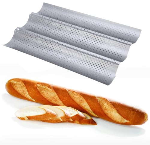 katmerio Plaque de cuisson pour 3 baguettes (38 x 24,5 cm) avec 3 cavités, moule à petits pains, accessoires de cuisson, en métal antiadhésif