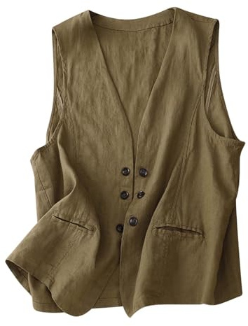 Keepink Hauts d'été décontractés en coton et lin pour femme - Blazer tendance en denim sans manches - Gilet en duvet tendance - Boutons amples - Sans capuche - Vêtements d'extérieur et vestes, 0125