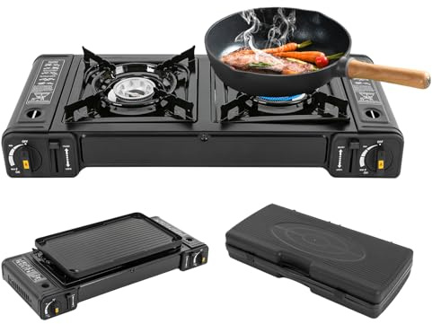 2-i-1 gasspis camping 2 lågor gasspis campingspis med grillplatta BBQ och bärväska, propangas häll, pallkokare för utomhusaktiviteter som camping eller vandring