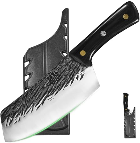 FULLHI Cuchillo de Chef, Cuchillo de Cocina con Mango de Madera y Funda, Cuchillo de Cocina de Acero al Carbono para Cortar Carne en el Exterior, Camping Barbacoa (Negro, Cuchillo japonés)