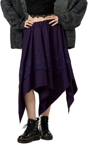 Felcia Steampunk spetskjol för kvinnor vintage hög midja oregelbunden kjol renässans gotisk midikjol streetwear, A-lila, S